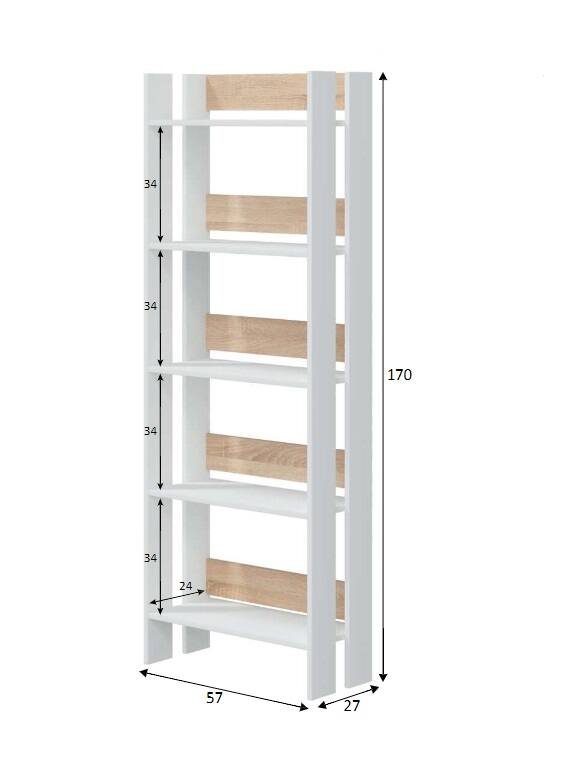 Libreria Dnist, Scaffale da ufficio a 5 ripiani, Mobile portalibri, Biblioteca, 57x27h170 cm, Bianco lucido e Rovere