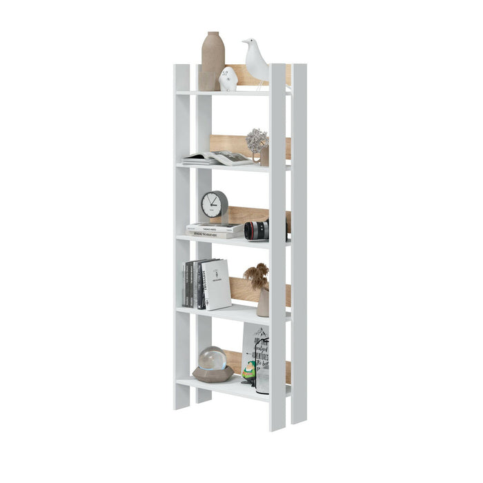 Libreria Dnist, Scaffale da ufficio a 5 ripiani, Mobile portalibri, Biblioteca, 57x27h170 cm, Bianco lucido e Rovere