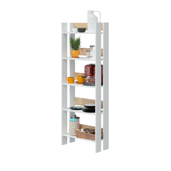 Libreria Dnist, Scaffale da ufficio a 5 ripiani, Mobile portalibri, Biblioteca, 57x27h170 cm, Bianco lucido e Rovere