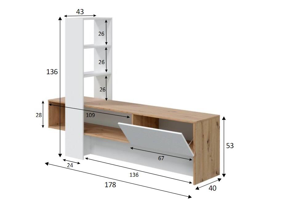 Mobile porta TV Dmurell, Porta TV con 1 anta, Mobile soggiorno con libreria a 3 ripiani, 178x43h136 cm, Rovere Nodi e Bianco lucido