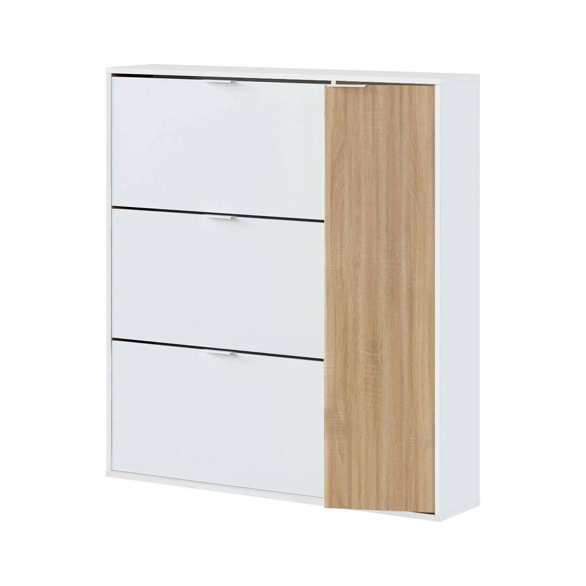 Scarpiera Dmor, Portascarpe salvaspazio a 4 ante, Scarpiera da ingresso , Armadio scarpiera, 105x24h112 cm, Rovere e Bianco lucido