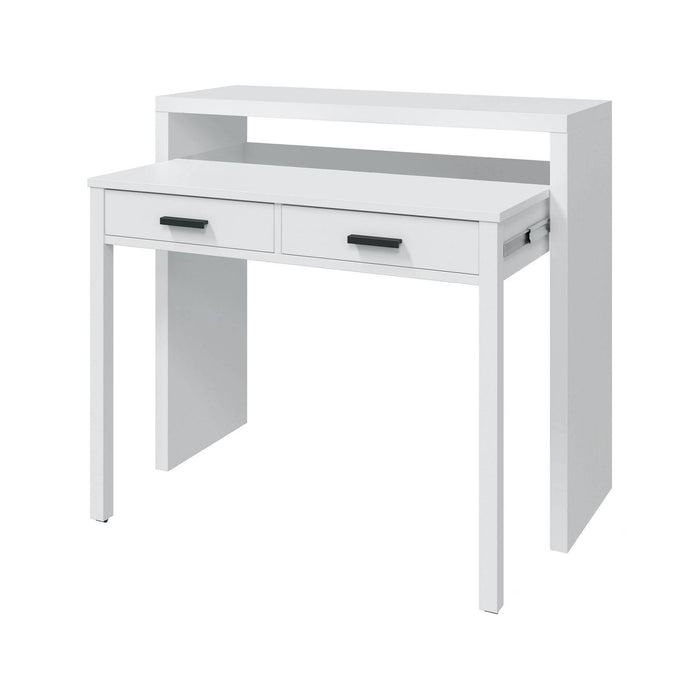 Scrivania Damodi, Scrivania con piano estensibile, Scrittoio porta PC con 2 cassetti, 99x36h88 cm, Bianco lucido e Antracite