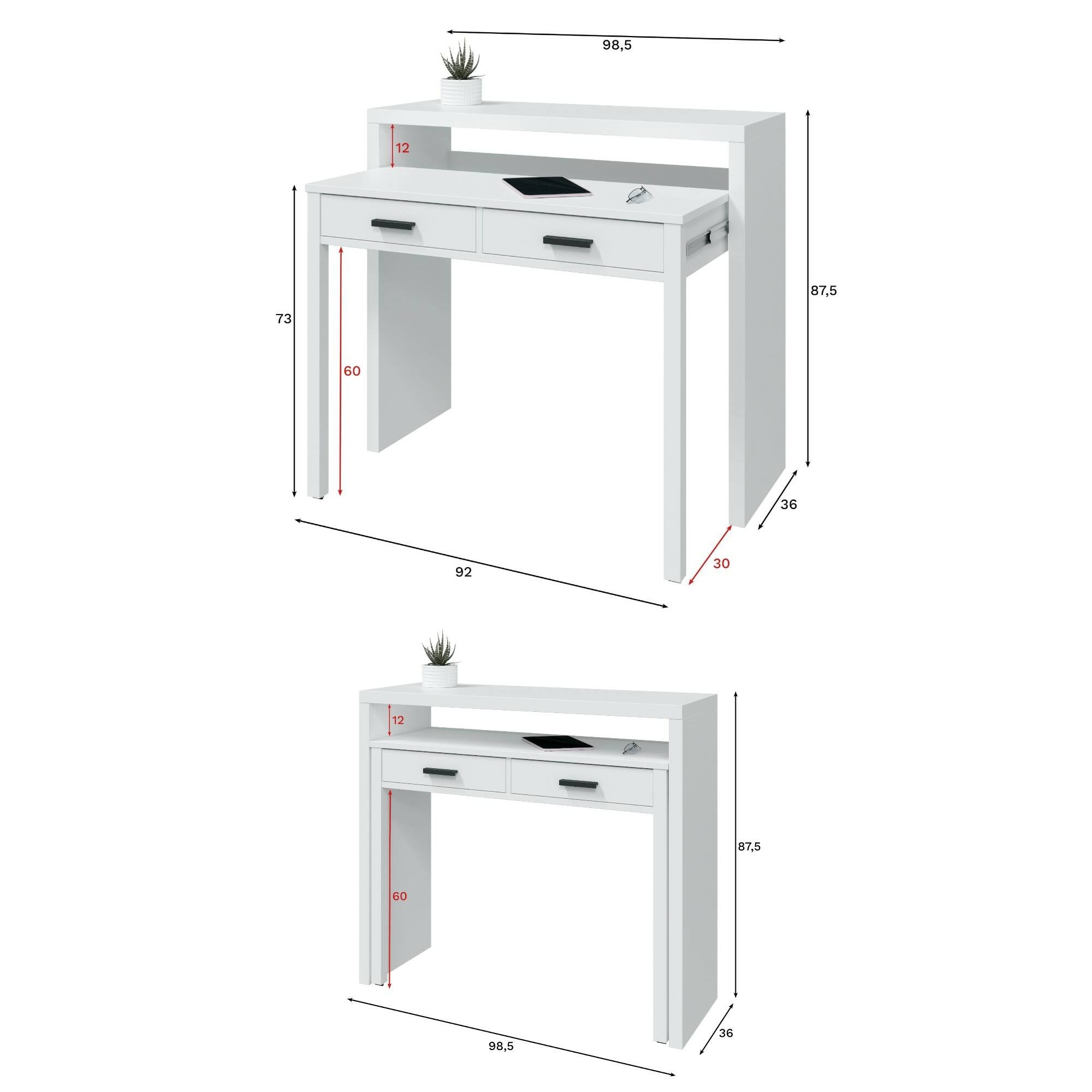 Scrivania Damodi, Scrivania con piano estensibile, Scrittoio porta PC con 2 cassetti, 99x36h88 cm, Bianco lucido e Antracite