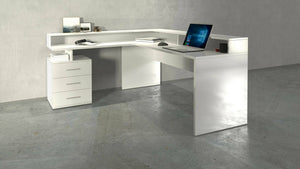 Scrivania Dcerretell, Scrittoio angolare con sopralzo, Scrivania ufficio multiuso, 180x90h160 cm, Bianco