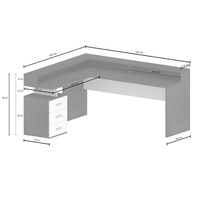 Scrivania Dcerretell, Scrittoio angolare con sopralzo, Scrivania ufficio multiuso, 180x90h160 cm, Bianco