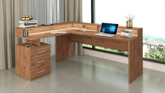 Scrivania Dcerretell, Scrittoio angolare con sopralzo, Scrivania ufficio multiuso, 180x90h160 cm, Rovere