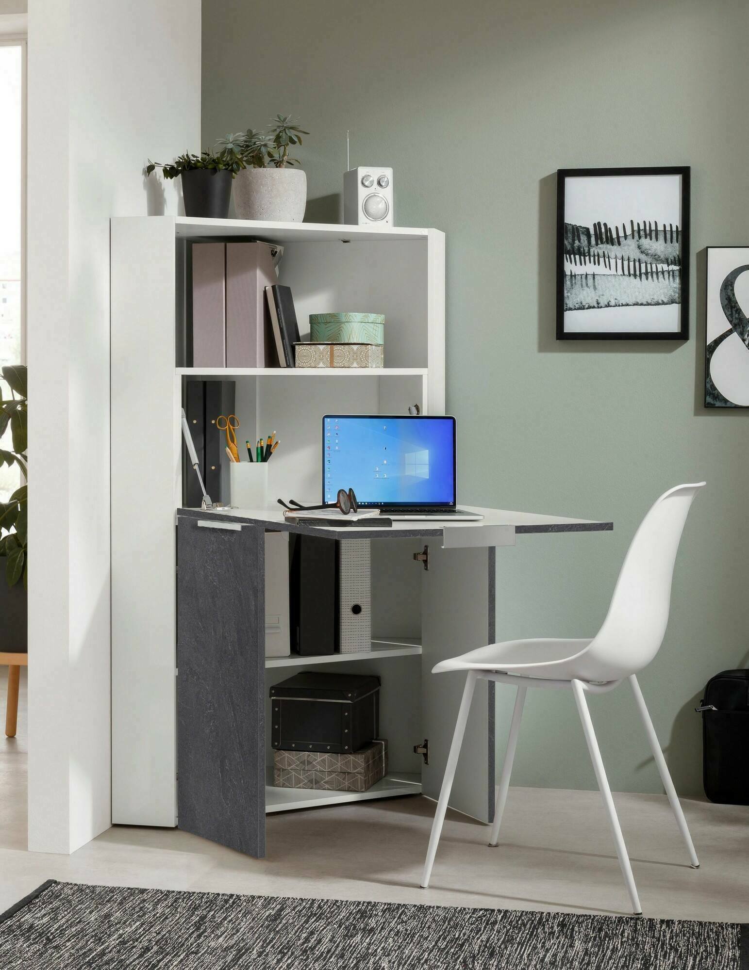 Scrivania Dcallejo, Mobile ad angolo con scaffali e piano da lavoro, Tavolo multiuso per ufficio, Scrivania salvaspazio, 100% Made in Italy, cm 70x57h140, Bianco e Ardesia