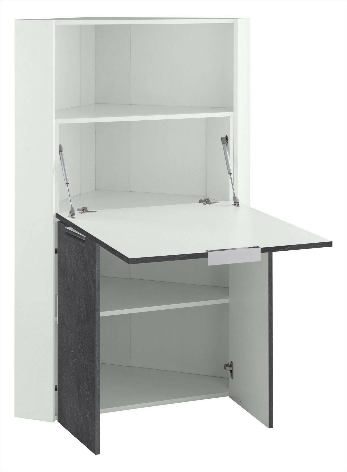 Scrivania Dcallejo, Mobile ad angolo con scaffali e piano da lavoro, Tavolo multiuso per ufficio, Scrivania salvaspazio, 100% Made in Italy, cm 70x57h140, Bianco e Ardesia