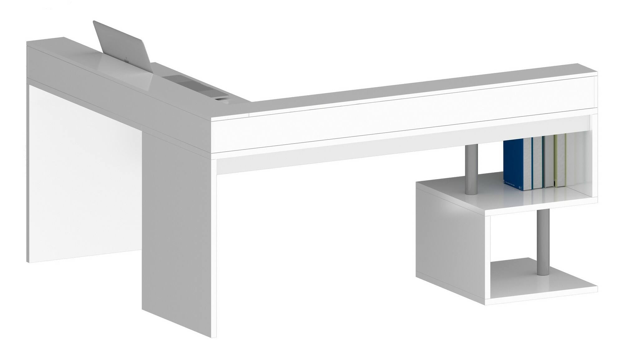 Scrivania Dcharpentie, Scrittoio angolare con ripiani portaoggetti, Scrivania ufficio multiuso con sopralzo, 180x60h93 cm, Bianco