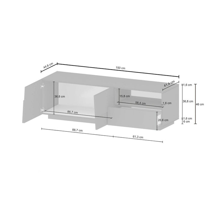 Mobile porta TV Dcoulibal, Credenza bassa da soggiorno con 2 ante e 1 cassetto, Base porta TV, 150x44h46 cm, Bianco lucido