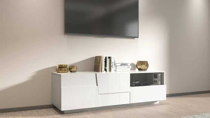 Mobile porta TV Dcoulibal, Credenza bassa da soggiorno con 2 ante e 1 cassetto, Base porta TV, 150x44h46 cm, Bianco lucido