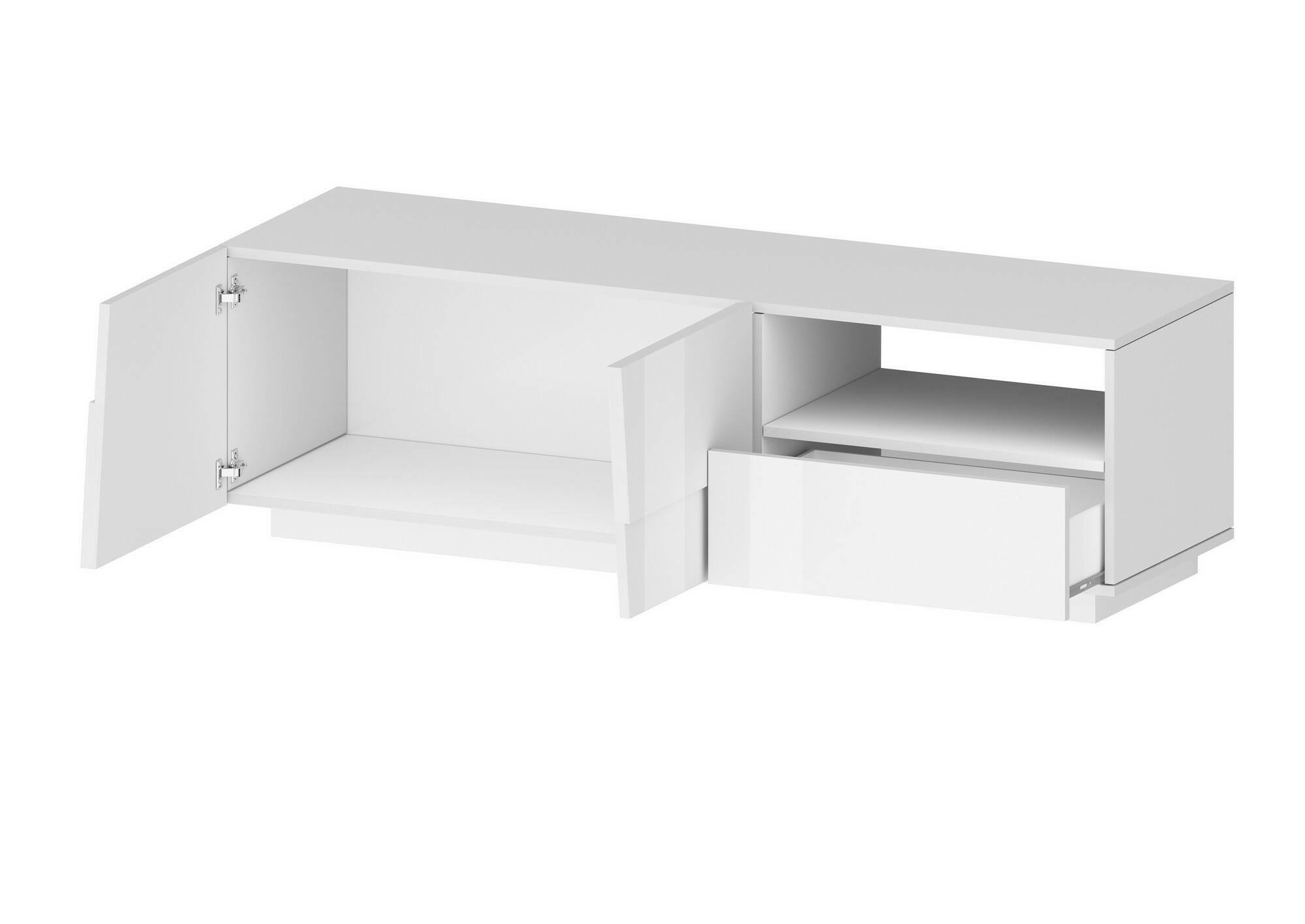 Mobile porta TV Dcoulibal, Credenza bassa da soggiorno con 2 ante e 1 cassetto, Base porta TV, 150x44h46 cm, Bianco lucido