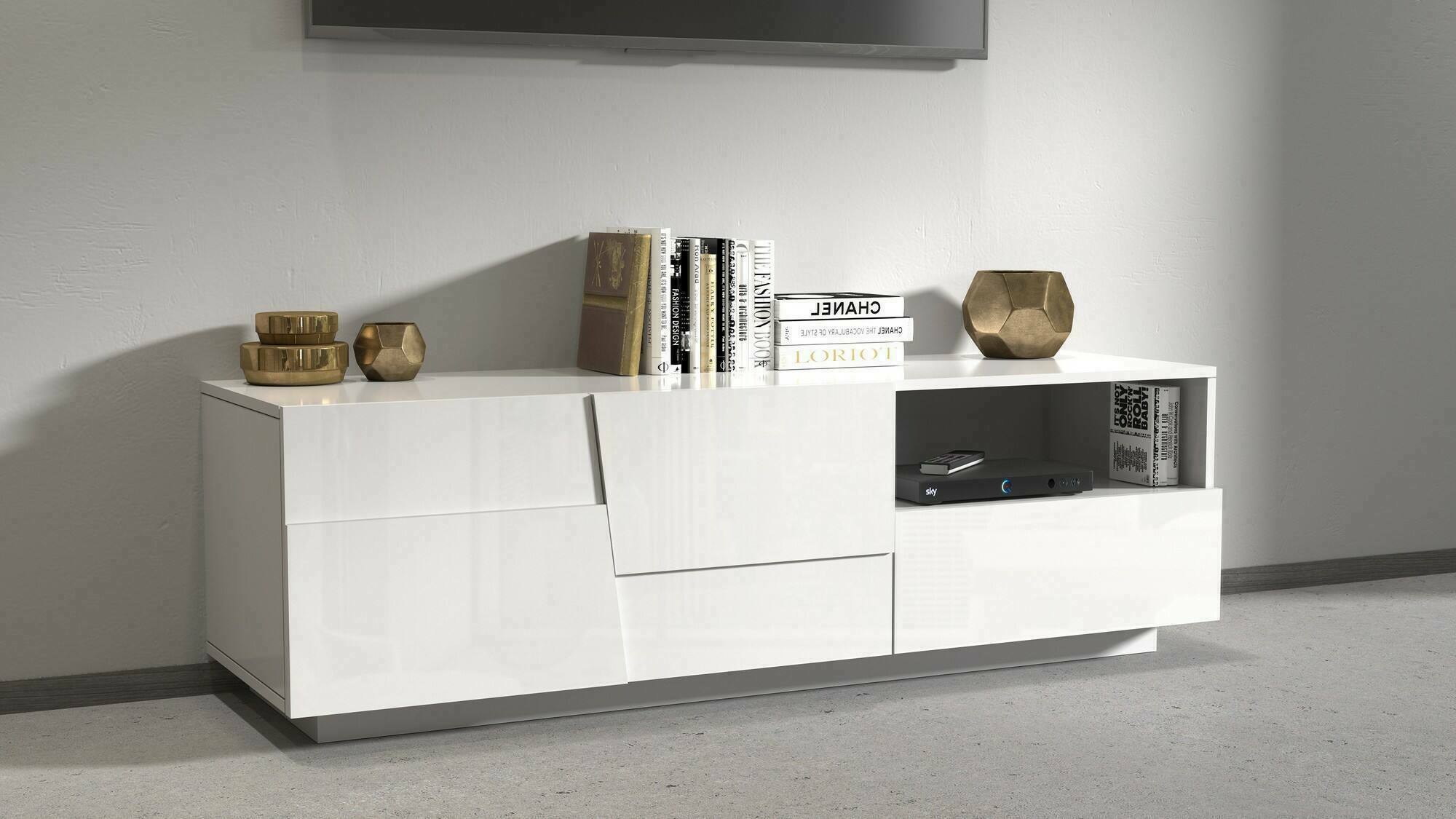 Mobile porta TV Dcoulibal, Credenza bassa da soggiorno con 2 ante e 1 cassetto, Base porta TV, 150x44h46 cm, Bianco lucido