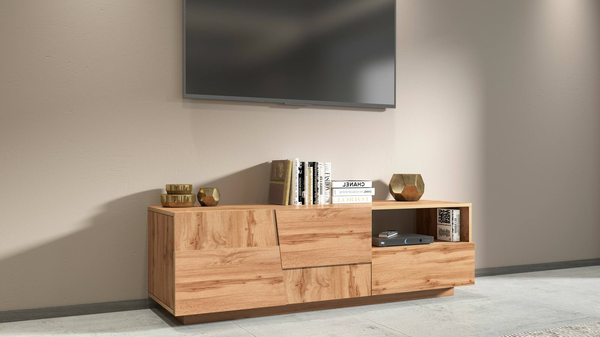 Mobile porta TV Dcoulibal, Credenza bassa da soggiorno con 2 ante e 1 cassetto, Base porta TV, 150x44h46 cm, Rovere