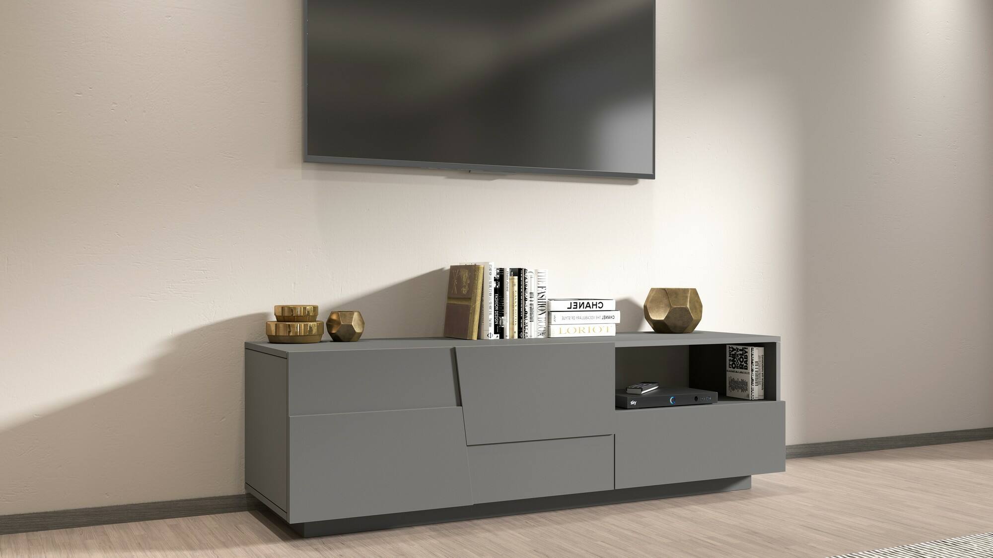 Mobile porta TV Dcoulibal, Credenza bassa da soggiorno con 2 ante e 1 cassetto, Base porta TV, 150x44h46 cm, Antracite