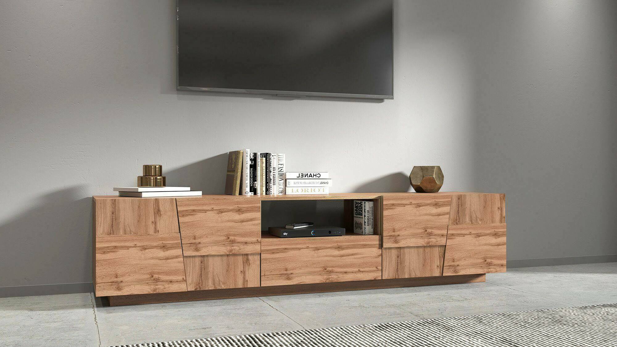 Mobile porta TV Dcortinovi, Credenza bassa da soggiorno con 4 ante e 1 cassetto, Base porta TV, 220x44h46 cm, Rovere