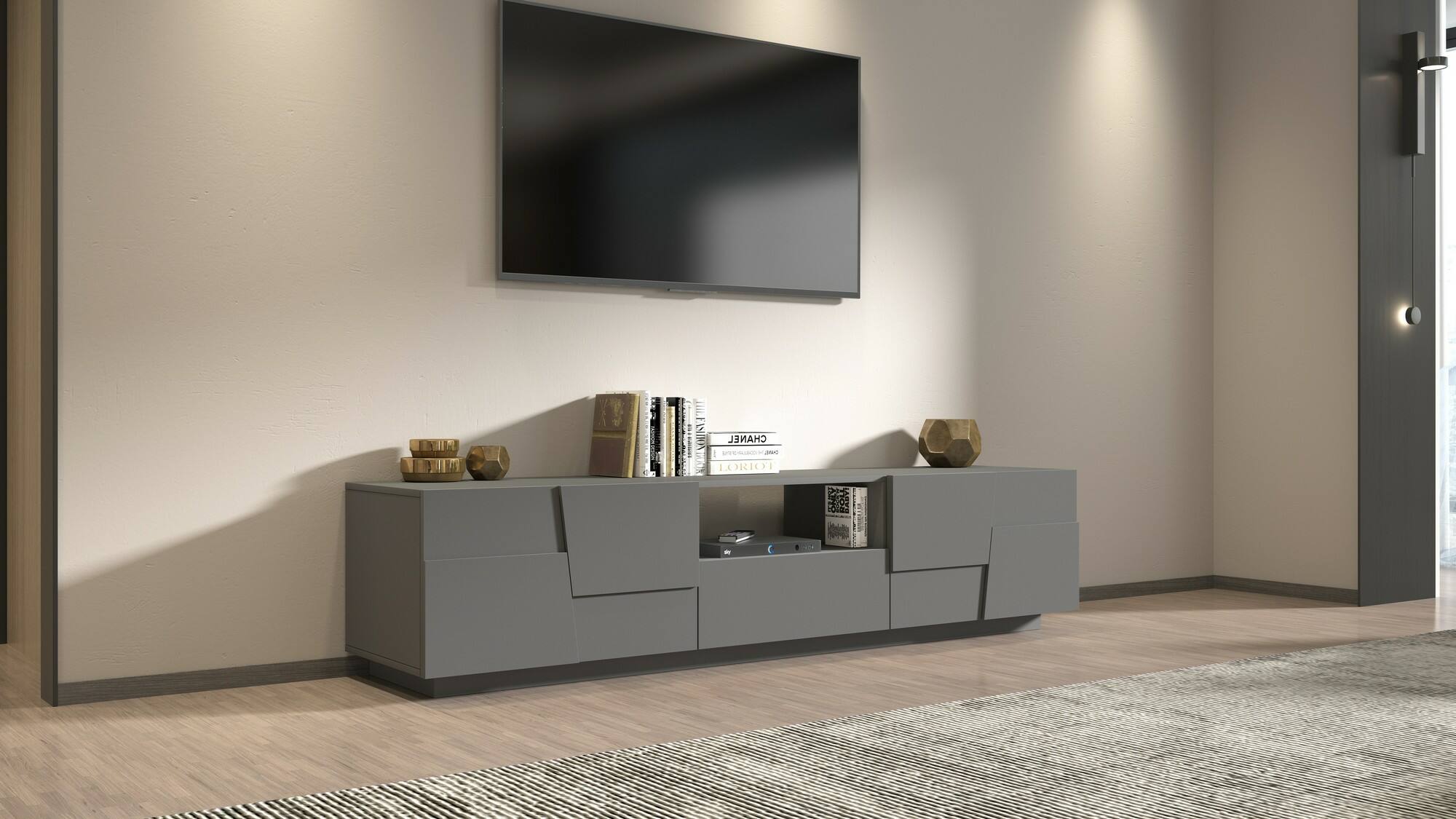 Mobile porta TV Dcortinovi, Credenza bassa da soggiorno con 4 ante e 1 cassetto, Base porta TV, 220x44h46 cm, Antracite