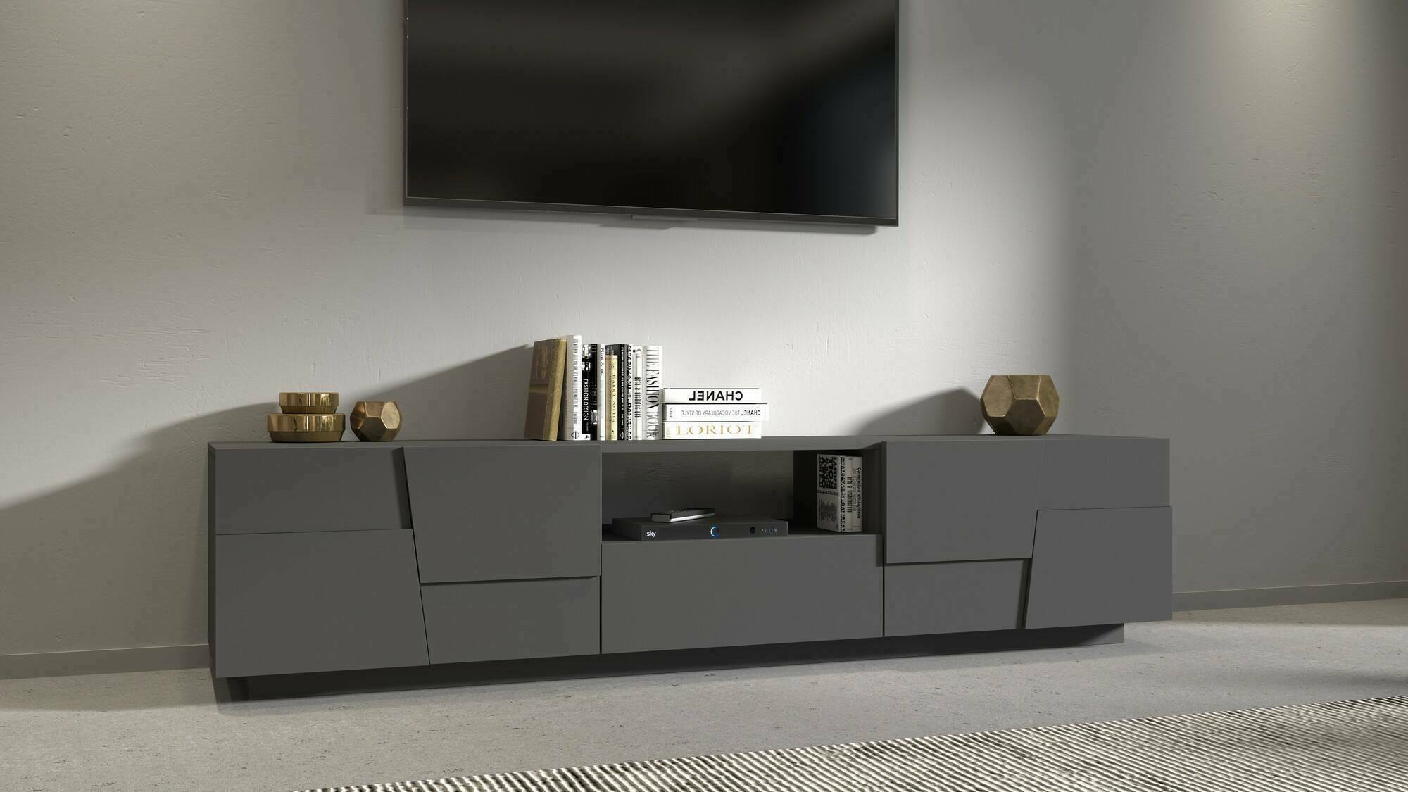 Mobile porta TV Dcortinovi, Credenza bassa da soggiorno con 4 ante e 1 cassetto, Base porta TV, 220x44h46 cm, Antracite