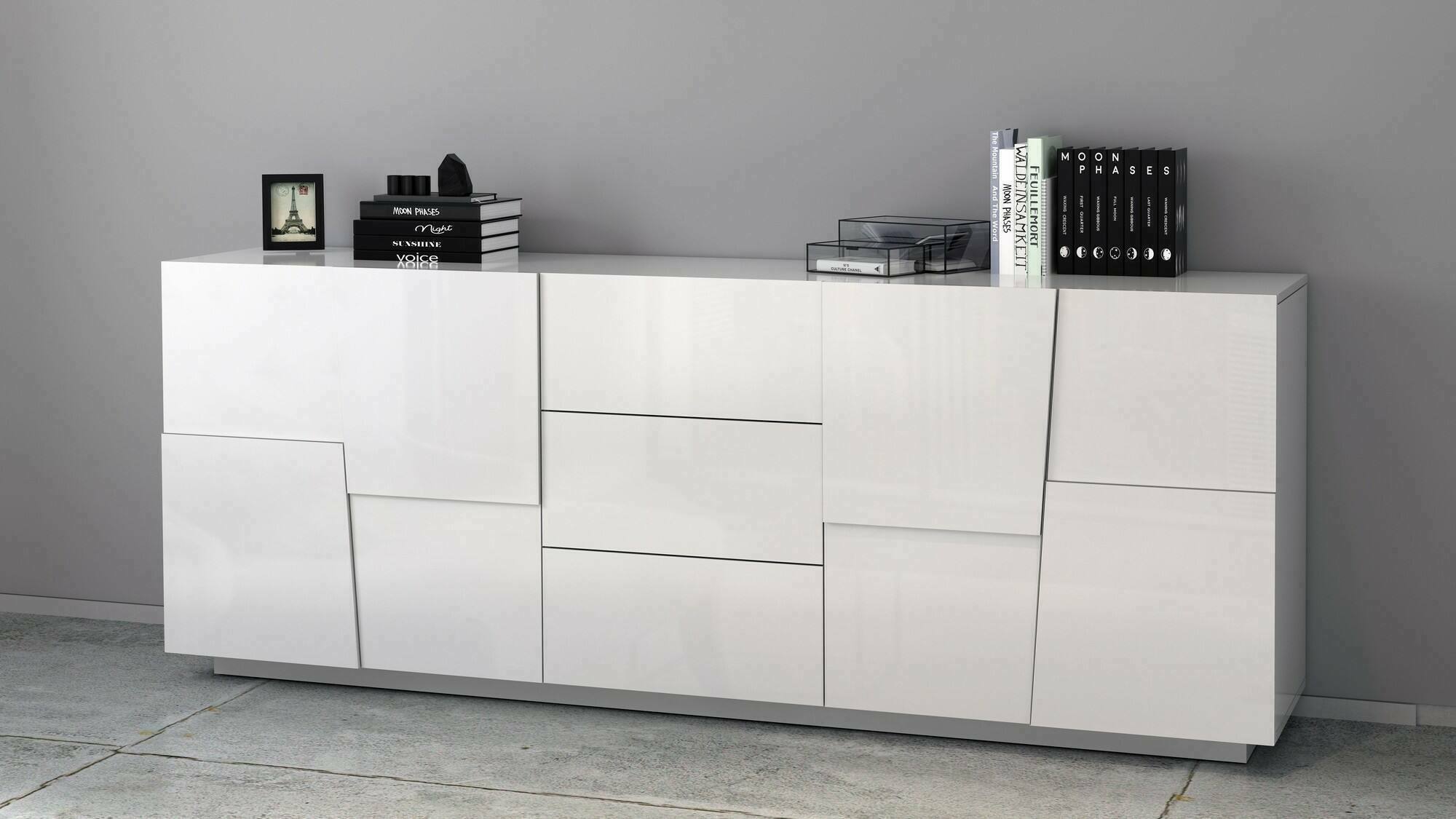 Credenza Ddamsgaar, Buffet da soggiorno, Madia da salotto con 4 ante e 3 cassetti, 220x44h86 cm, Bianco lucido