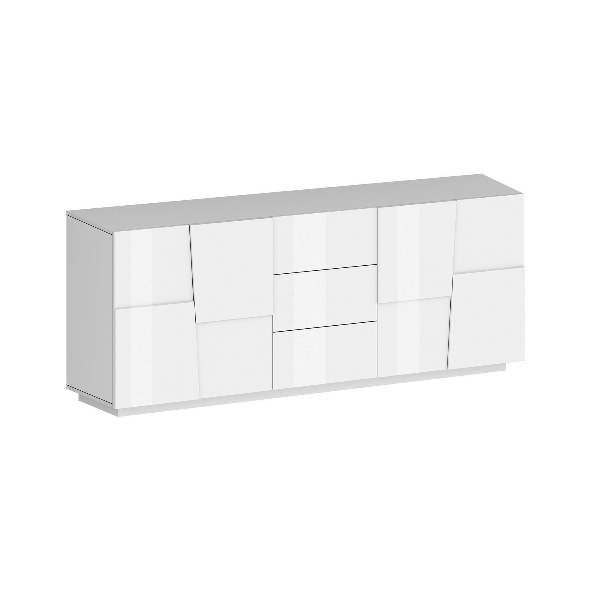 Credenza Ddamsgaar, Buffet da soggiorno, Madia da salotto con 4 ante e 3 cassetti, 220x44h86 cm, Bianco lucido