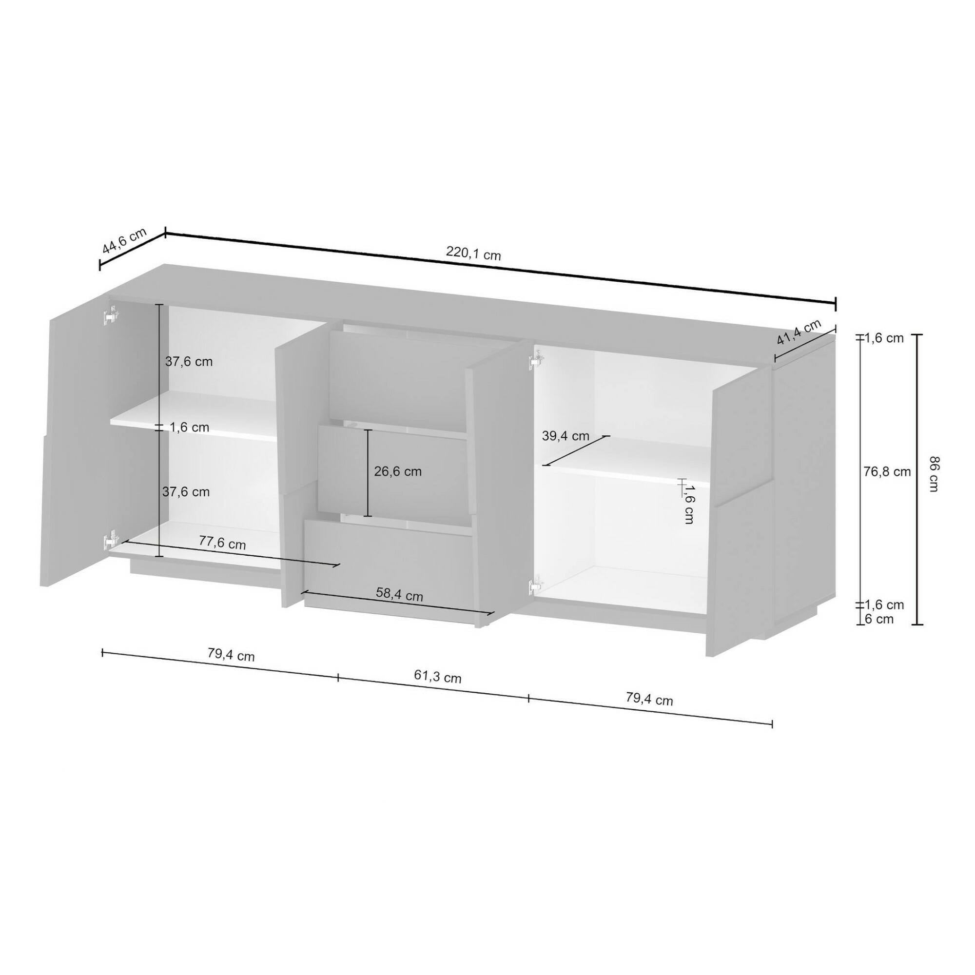 Credenza Ddamsgaar, Buffet da soggiorno, Madia da salotto con 4 ante e 3 cassetti, 220x44h86 cm, Bianco lucido