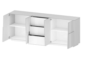 Credenza Ddamsgaar, Buffet da soggiorno, Madia da salotto con 4 ante e 3 cassetti, 220x44h86 cm, Bianco lucido