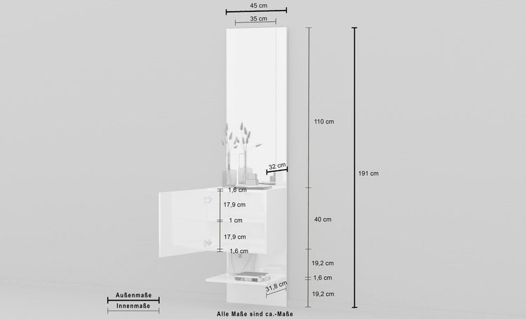 Mobile da ingresso Dcuadrad, Armadietto multifunzione con specchio, Scarpiera a 1 anta, 45x35h190 cm, Bianco