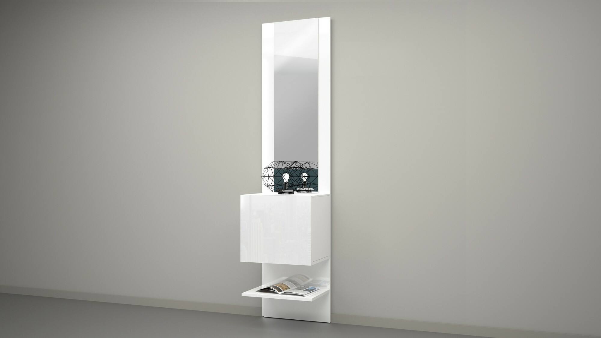 Mobile da ingresso Dcuadrad, Armadietto multifunzione con specchio, Scarpiera a 1 anta, 45x35h190 cm, Bianco