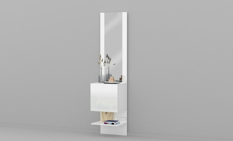 Mobile da ingresso Dcuadrad, Armadietto multifunzione con specchio, Scarpiera a 1 anta, 45x35h190 cm, Bianco