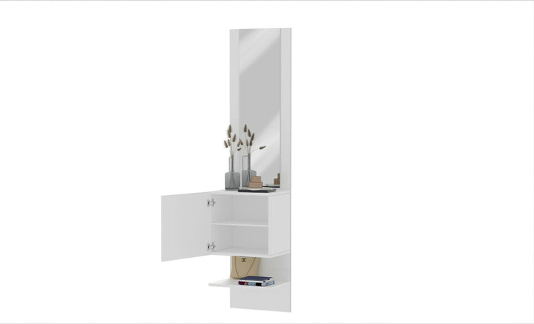 Mobile da ingresso Dcuadrad, Armadietto multifunzione con specchio, Scarpiera a 1 anta, 45x35h190 cm, Bianco