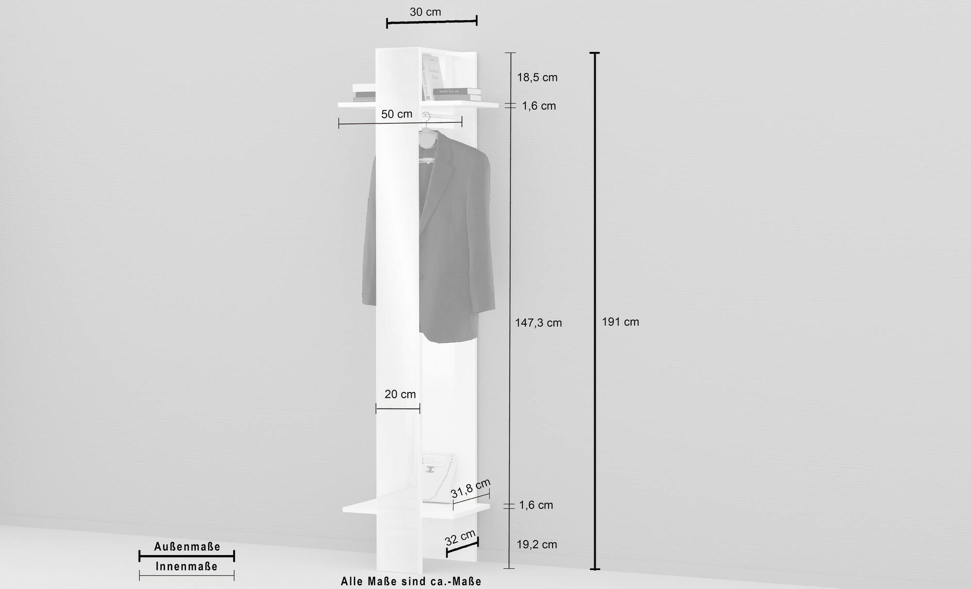 Mobile da ingresso Dcrociat, Armadietto multifunzione, Appendiabiti da parete con specchio, 50x35h190 cm, Bianco