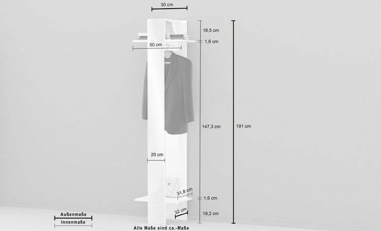 Mobile da ingresso Dcrociat, Armadietto multifunzione, Appendiabiti da parete con specchio, 50x35h190 cm, Bianco