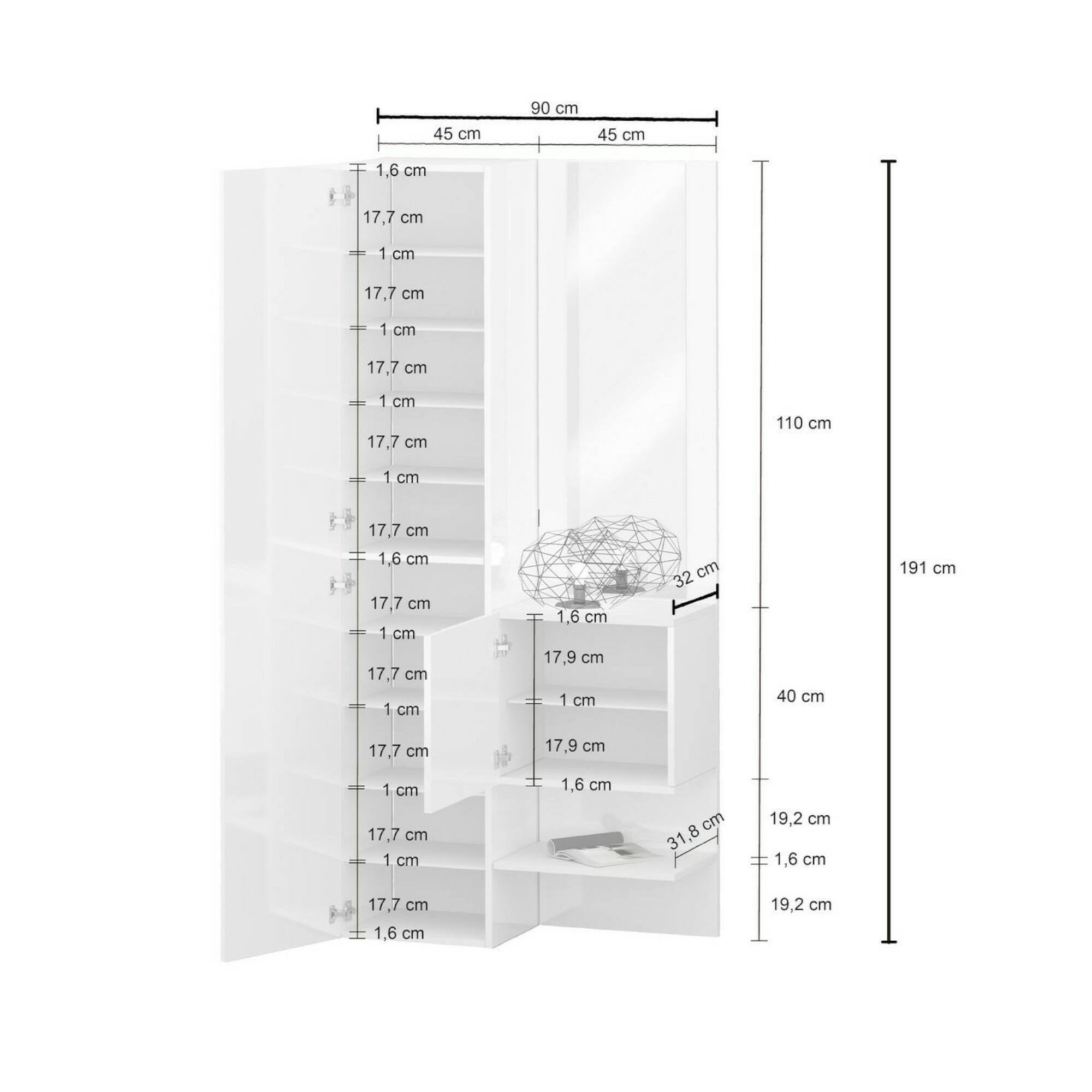 Mobile da ingresso Dcristant, Armadietto multifunzione a 2 ante, Mobile multiuso con specchio, 90x35h190 cm, Bianco