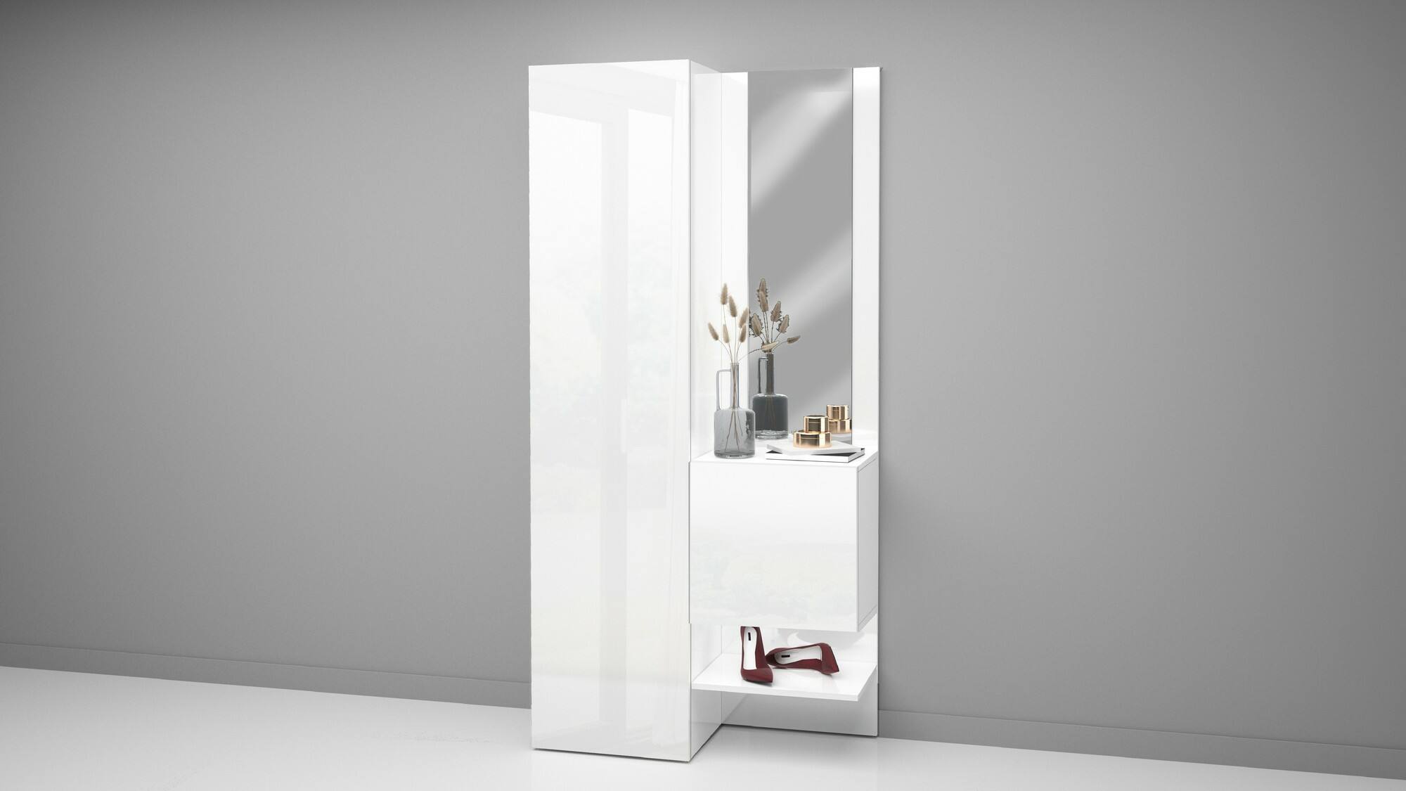 Mobile da ingresso Dcristant, Armadietto multifunzione a 2 ante, Mobile multiuso con specchio, 90x35h190 cm, Bianco