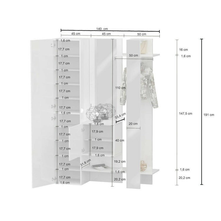 Mobile da ingresso Dcriscion, Armadietto multifunzione a 2 ante, Appendiabiti da parete con 2 specchi, 140x35h190 cm, Bianco