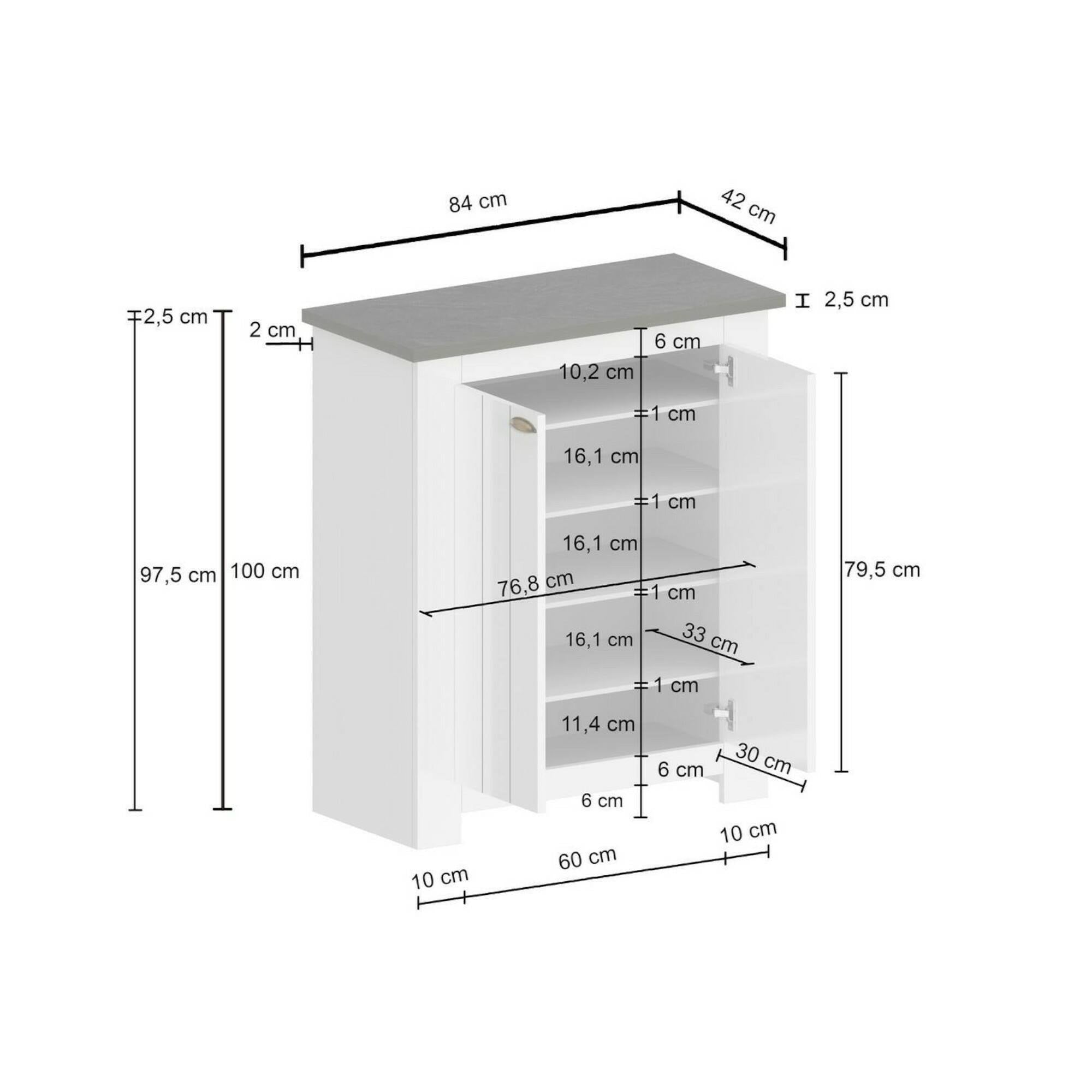 Scarpiera Dcittadin, Porta scarpe salvaspazio a 2 ante, Armadio multifunzione da ingresso, 84x42h100 cm, Bianco e Ardesia