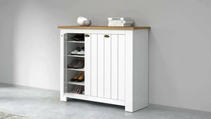 Scarpiera Dcigarin, Porta scarpe salvaspazio a 3 ante, Armadio multifunzione da ingresso, 114x42h100 cm, Bianco e Rovere