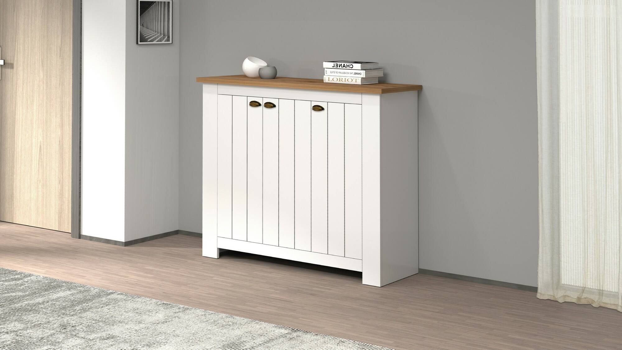 Scarpiera Dcigarin, Porta scarpe salvaspazio a 3 ante, Armadio multifunzione da ingresso, 114x42h100 cm, Bianco e Rovere