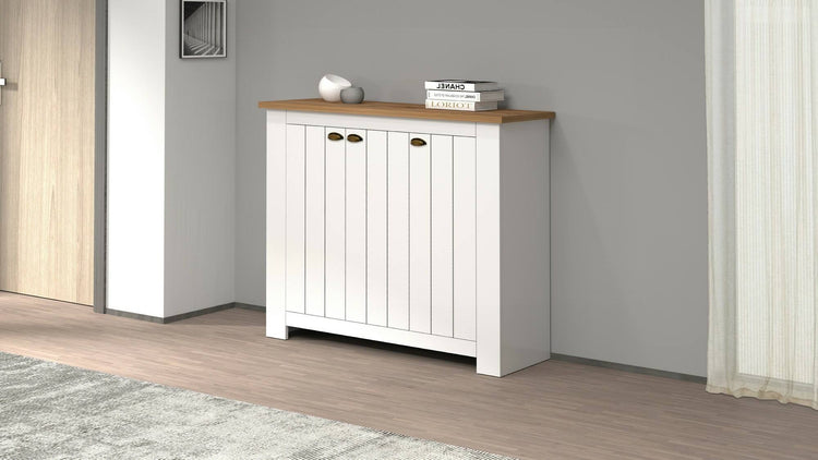 Scarpiera Dcigarin, Porta scarpe salvaspazio a 3 ante, Armadio multifunzione da ingresso, 114x42h100 cm, Bianco e Rovere