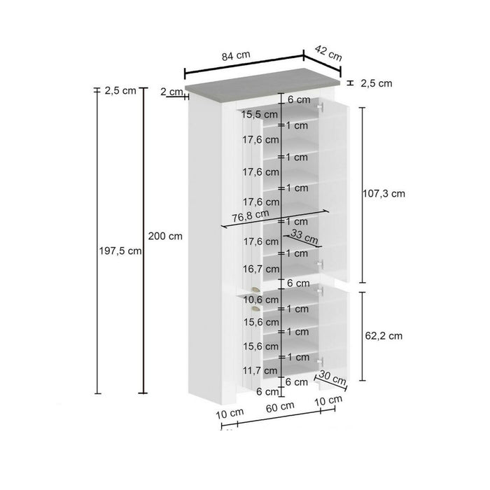 Scarpiera Dcicerell, Porta scarpe salvaspazio a 4 ante, Armadio multifunzione da ingresso, 84x42h200 cm, Bianco e Rovere