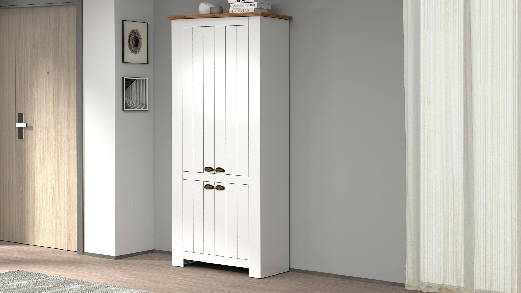 Scarpiera Dcicerell, Porta scarpe salvaspazio a 4 ante, Armadio multifunzione da ingresso, 84x42h200 cm, Bianco e Rovere