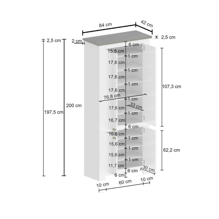 Scarpiera Dcicerell, Porta scarpe salvaspazio a 4 ante, Armadio multifunzione da ingresso, 84x42h200 cm, Bianco e Ardesia