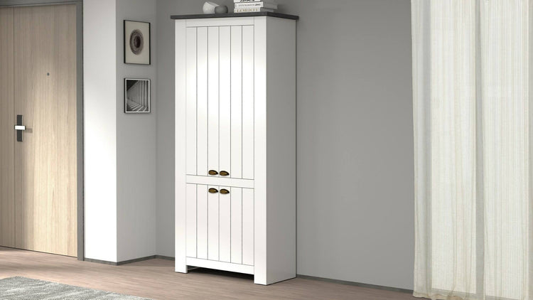 Scarpiera Dcicerell, Porta scarpe salvaspazio a 4 ante, Armadio multifunzione da ingresso, 84x42h200 cm, Bianco e Ardesia