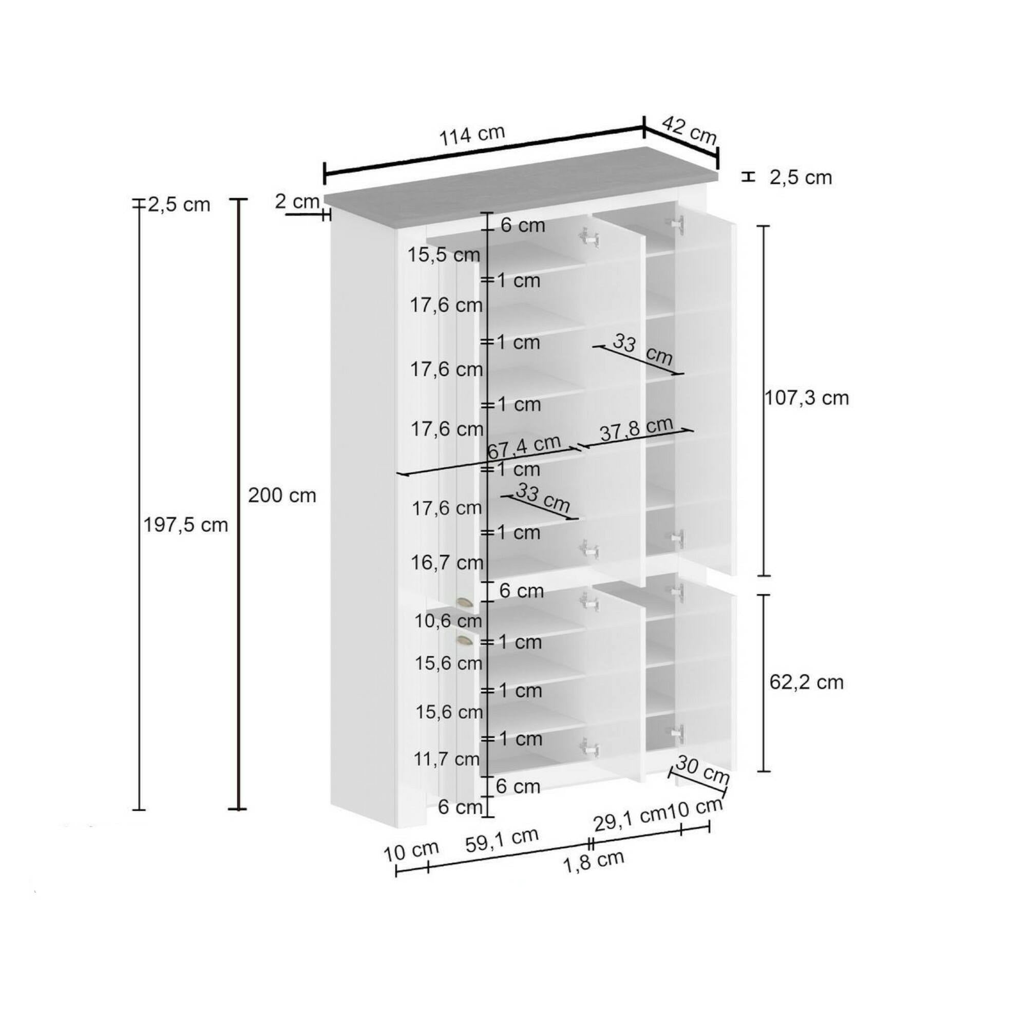 Scarpiera Dchristense, Porta scarpe salvaspazio a 6 ante, Armadio multifunzione da ingresso, 114x42h200 cm, Bianco e Rovere