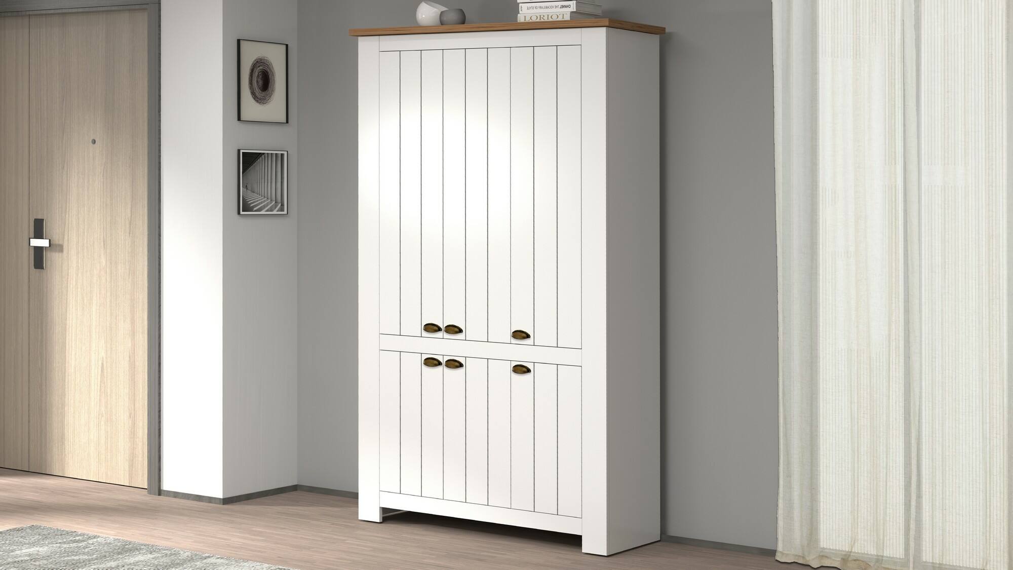 Scarpiera Dchristense, Porta scarpe salvaspazio a 6 ante, Armadio multifunzione da ingresso, 114x42h200 cm, Bianco e Rovere