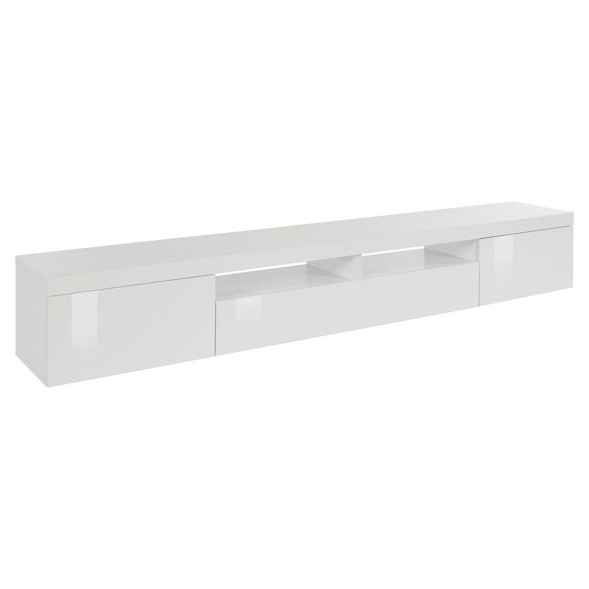 Mobile porta TV Dconsigl, Credenza bassa da soggiorno a 3 ante, Base porta TV, 240x40h35 cm, Bianco lucido