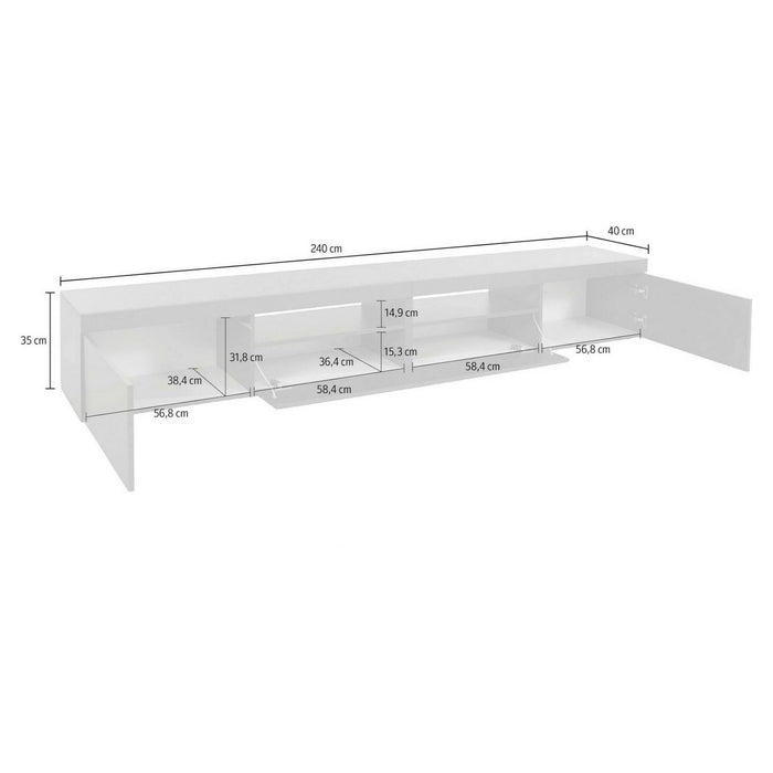 Mobile porta TV Dconsigl, Credenza bassa da soggiorno a 3 ante, Base porta TV, 240x40h35 cm, Bianco lucido