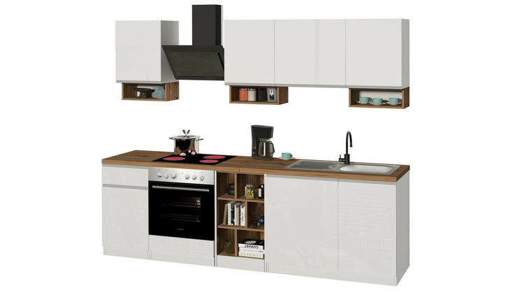 Cucina completa Dcelient, Cucina pratica e salvaspazio, Parete da cucina con 7 ante e 1 cassetto, 100% Made in Italy, 255x60h85 cm, Bianco lucido e Rovere