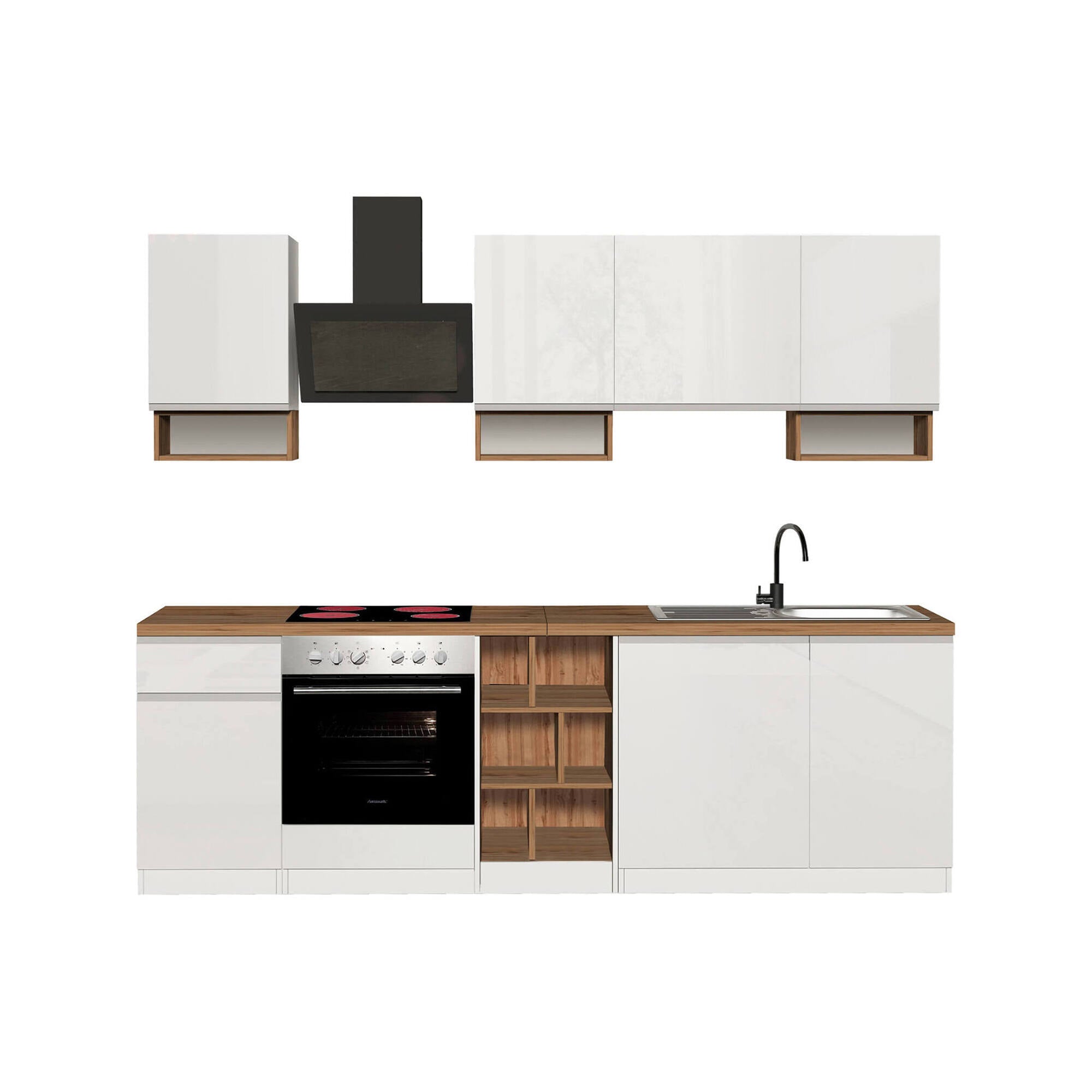 Cucina completa Dcelient, Cucina pratica e salvaspazio, Parete da cucina con 7 ante e 1 cassetto, 100% Made in Italy, 255x60h85 cm, Bianco lucido e Rovere