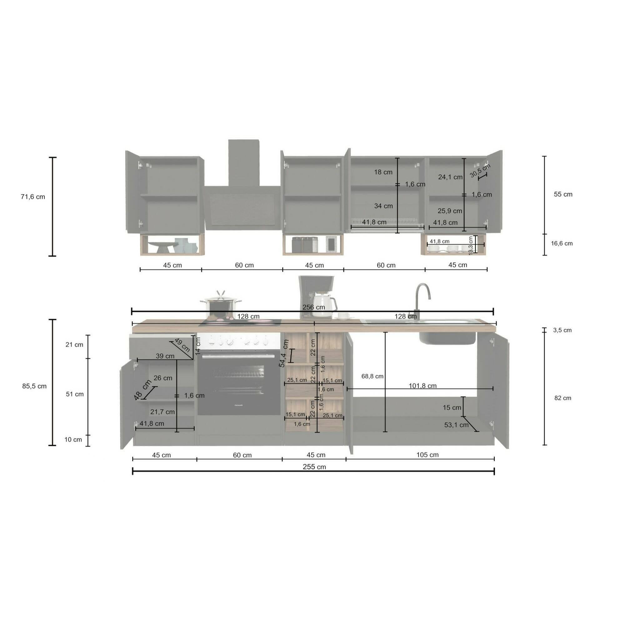 Cucina completa Dcelient, Cucina pratica e salvaspazio, Parete da cucina con 7 ante e 1 cassetto, 100% Made in Italy, 255x60h85 cm, Bianco lucido e Rovere